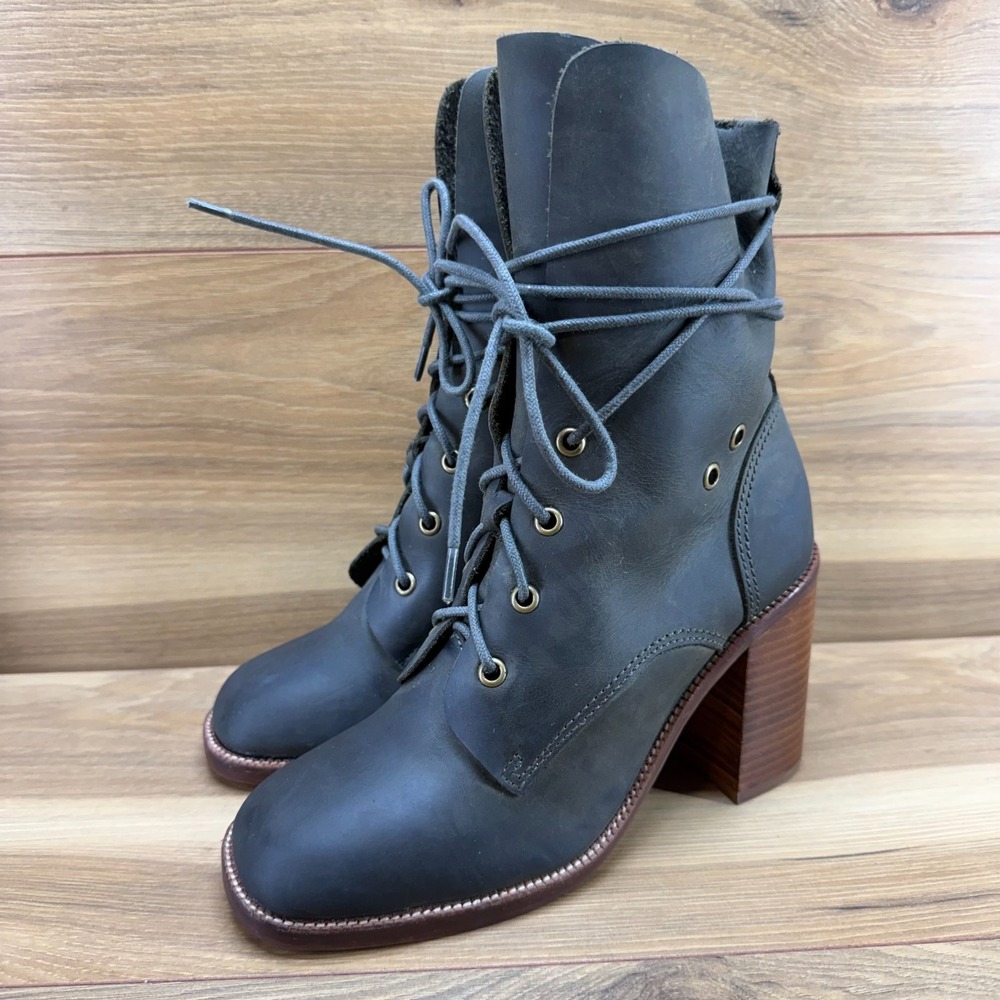 Jeffrey Campbell Juneau Boots 7 Gray Leather Square Toe Lace Up Stacked Heel
